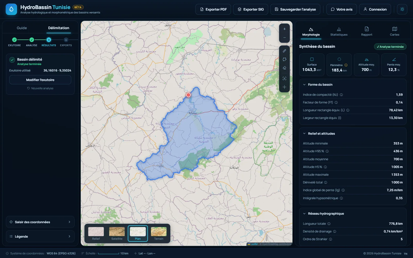 Interface HydroBassin : bassin versant de l'Oued Siliana délimité sur fond de carte, avec le panneau d'analyse morphométrique.